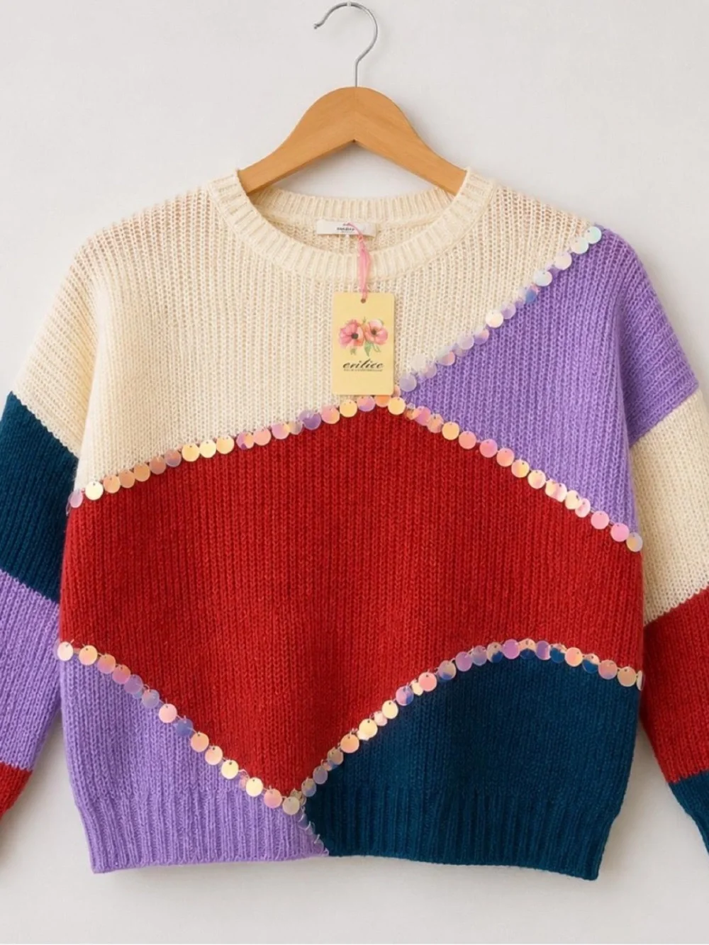 NWT Entro Lightweight Colorblock Sequin Trim Crewneck Sweater